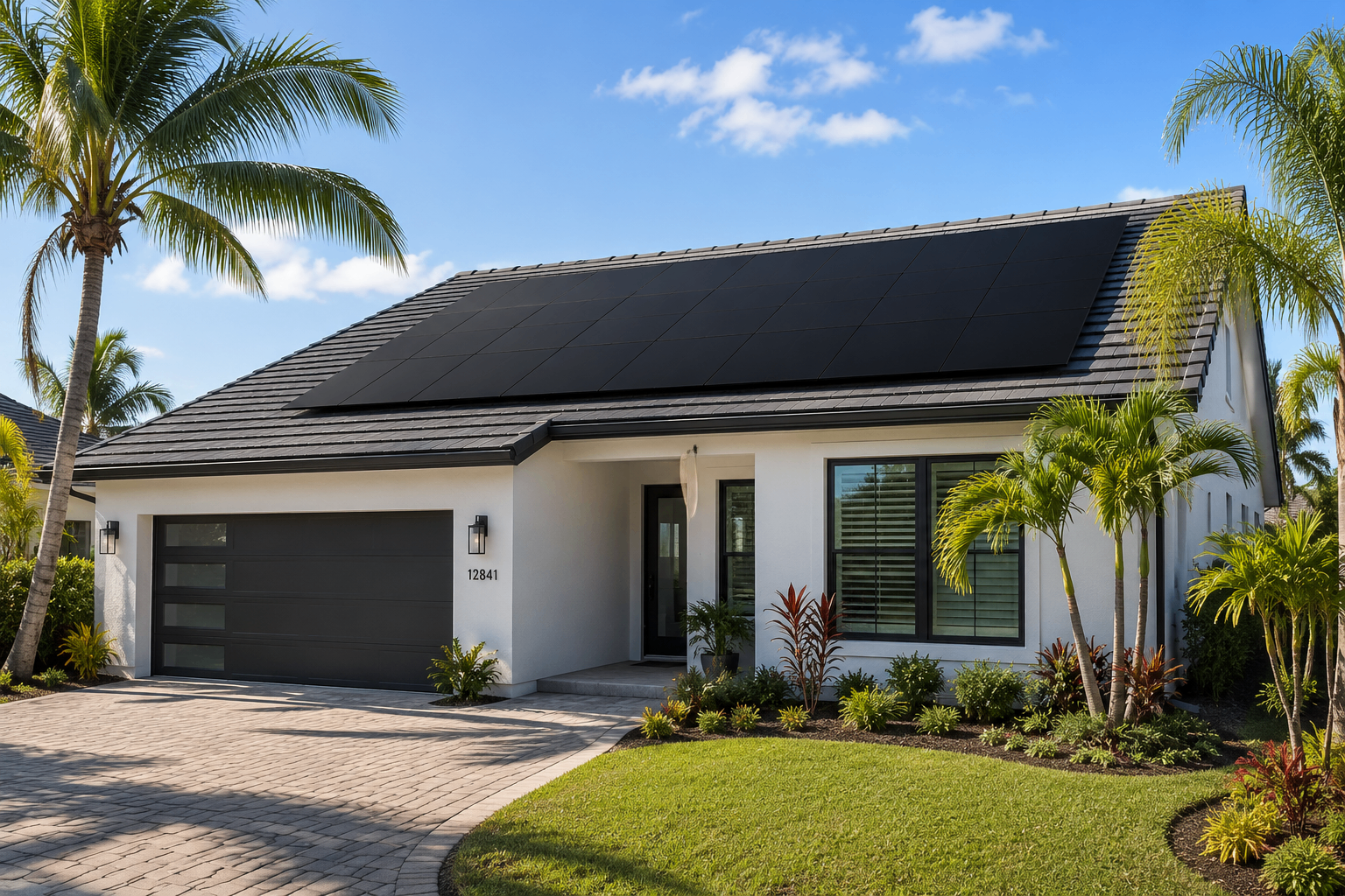 Completed rooftop solar array integrated cleanly into the architecture of a Florida home