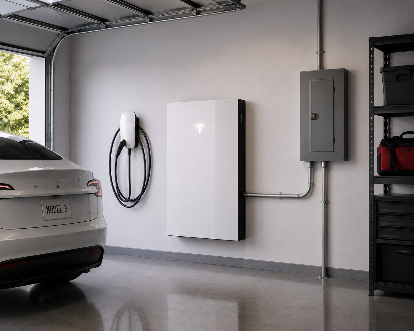 Wall-mounted home battery next to an electrical panel and EV charger in a residential garage