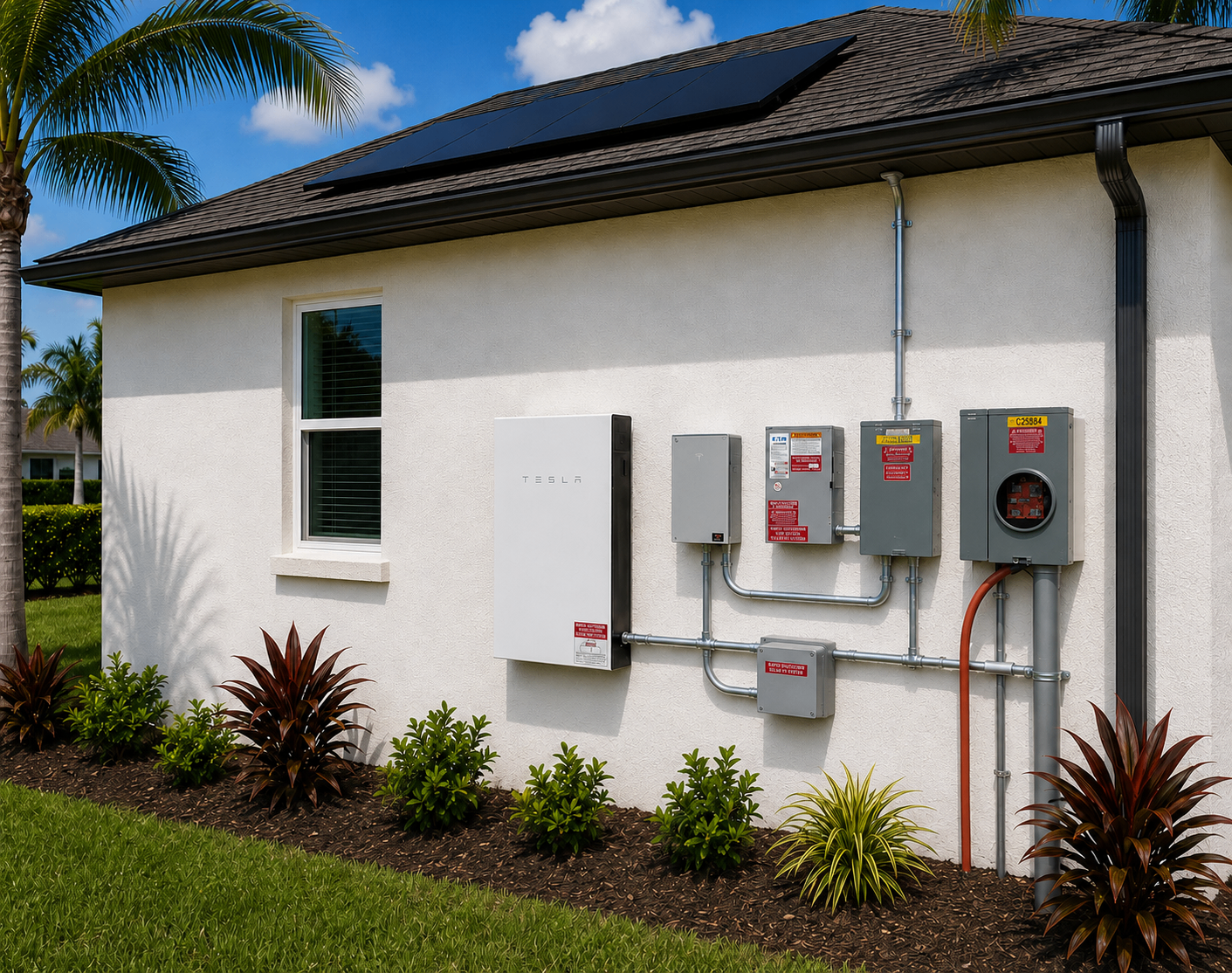 Exterior home wall showing a battery, electrical disconnects, utility meter and conduit connecting a rooftop solar system